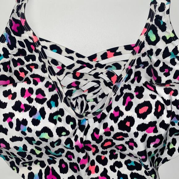 California Waves White Multicolor Leopard Flounce Ruffle Bikini Top 2X 20/22 - Picture 4 of 9